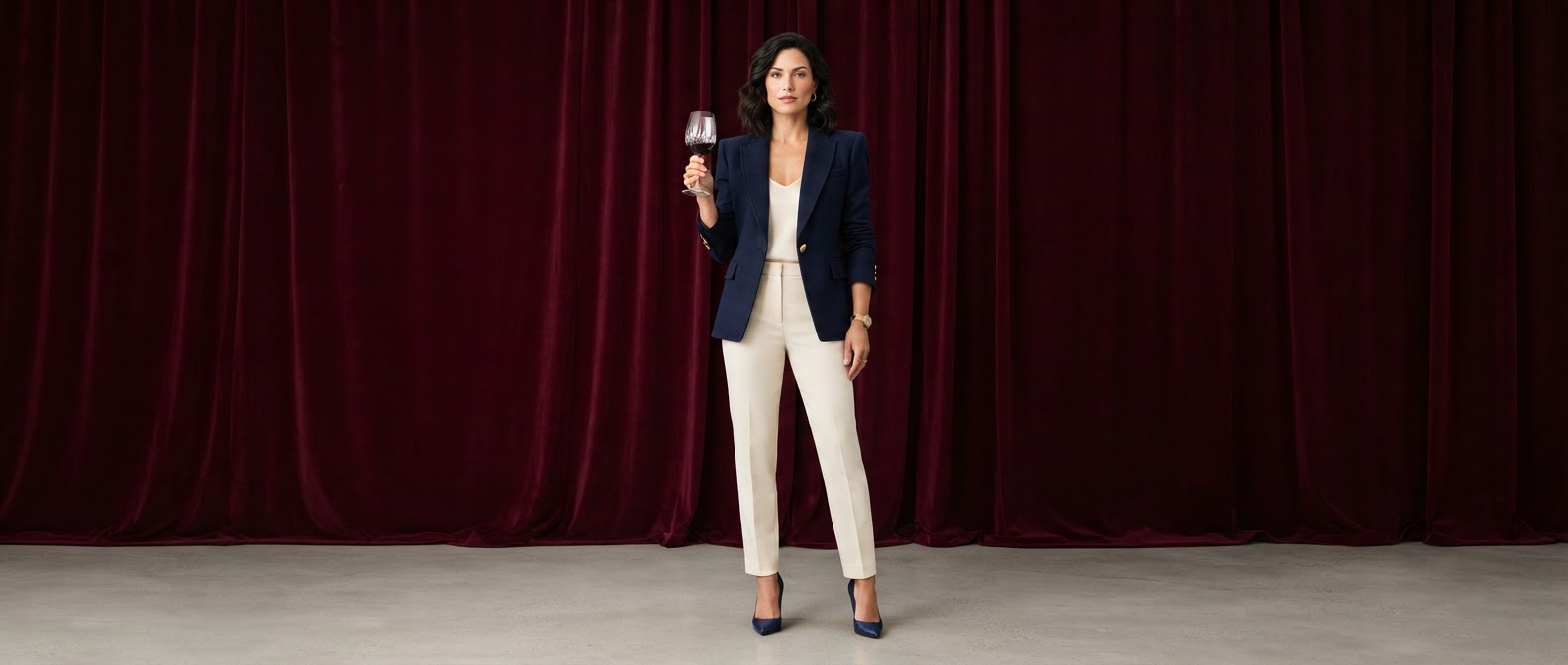 Editorial fashion model holding a wine glass against a deep red curtain backdrop
